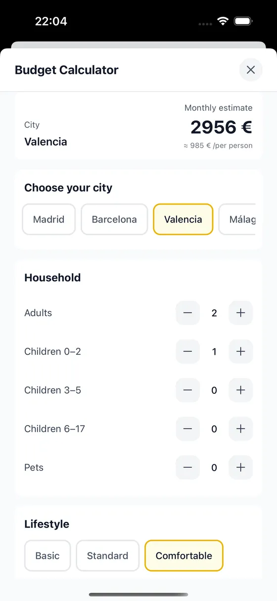 Budget calculator showing Valencia €2956/month estimate with household and lifestyle inputs