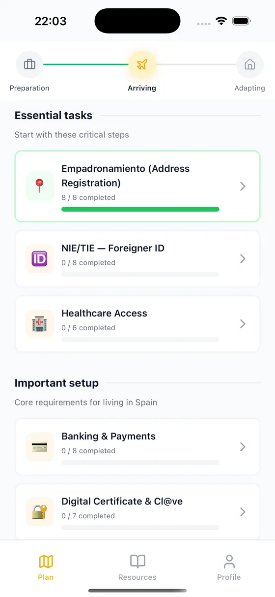 App showing the Arriving stage with empadronamiento, NIE/TIE, and healthcare tasks