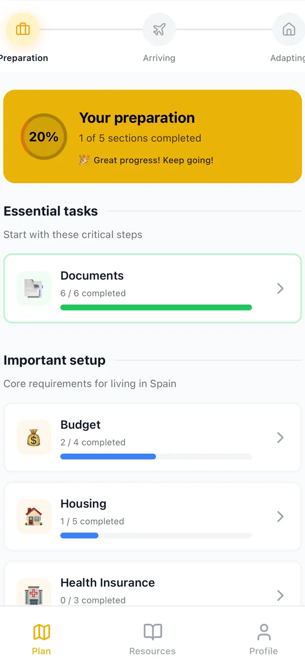 Move to Spain app showing a personalized preparation plan with progress bar and essential tasks
